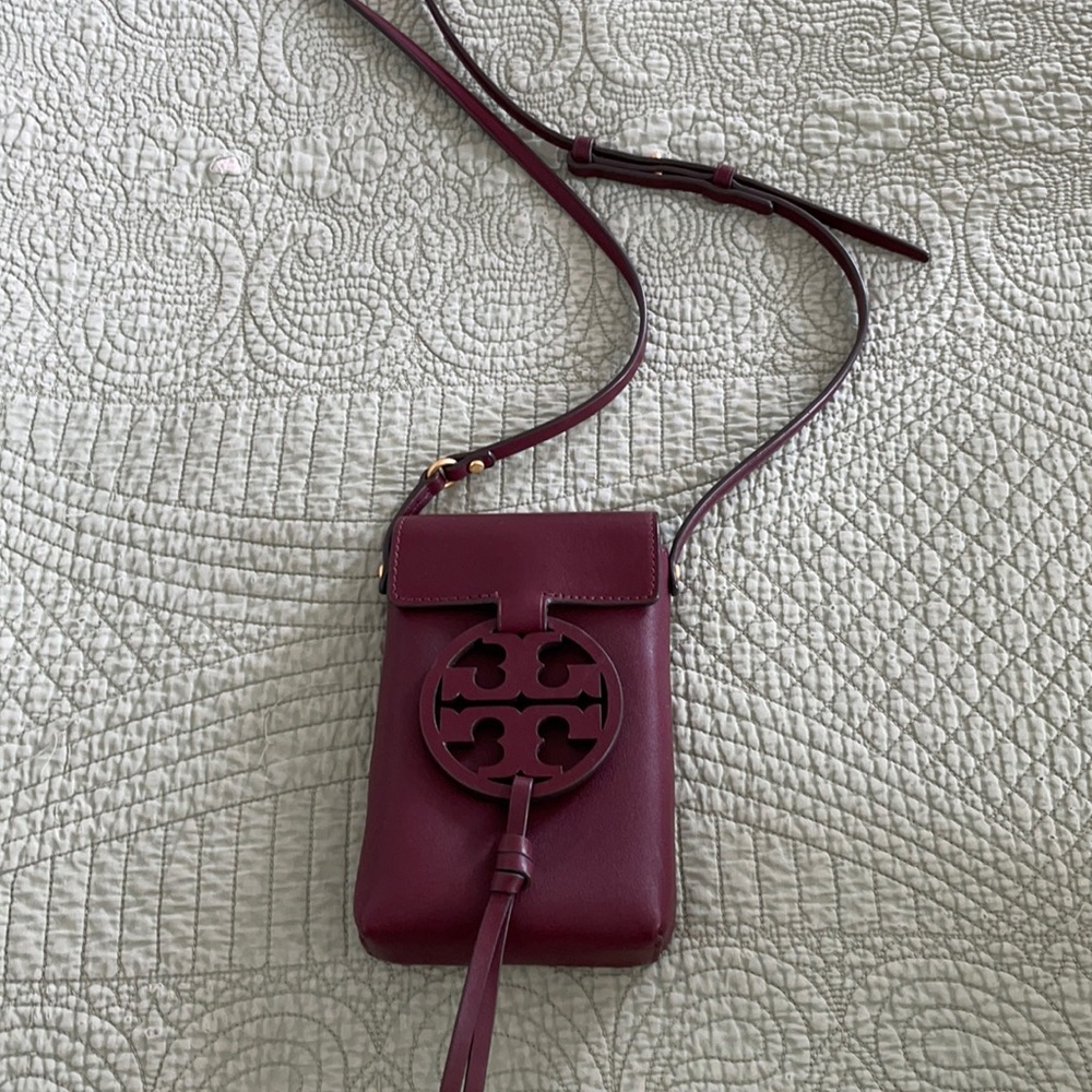 Tory Burch Burgundy Crossbody Phone Bag with Logo Medallion
